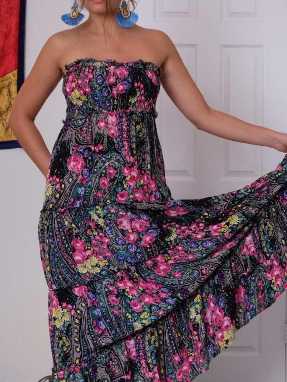 Free People Floral Paisley Smocked Tiered Maxi Dress Boho Festival Size Small